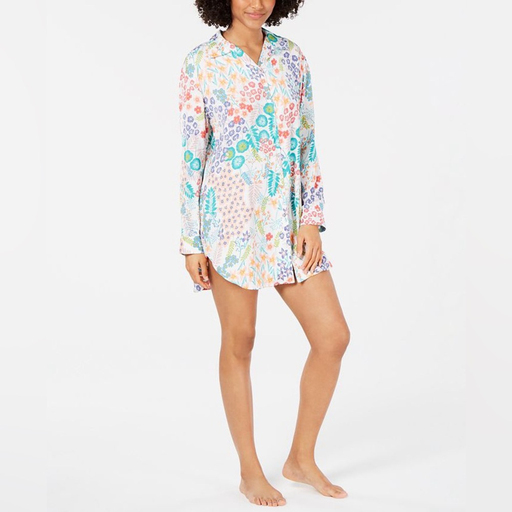 Josie by Natori Lotus Boutique Flower-Print Notch Collar Sleepshirt  XS